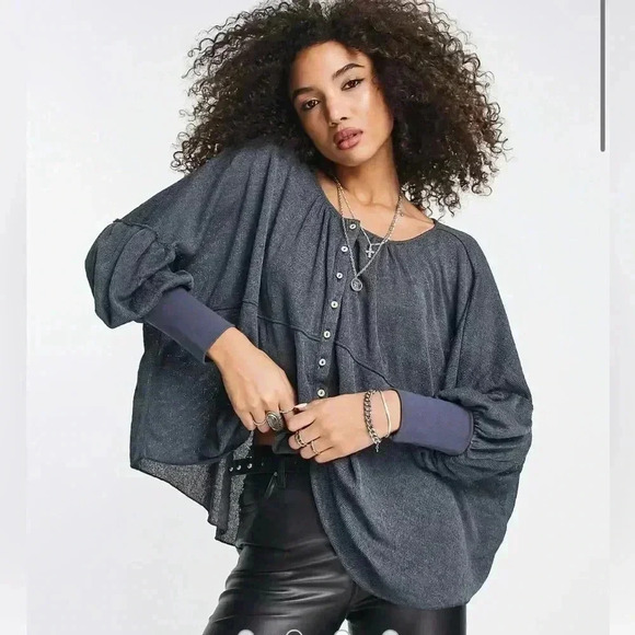 FREE PEOPLE boho Marla knit jersey button down Henley top XS - Picture 1 of 12